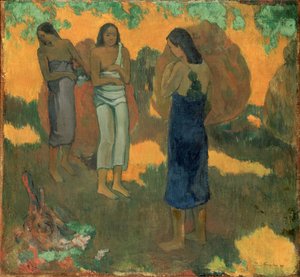 黄色の背景に3人のタヒチ女性 作： Paul Gauguin